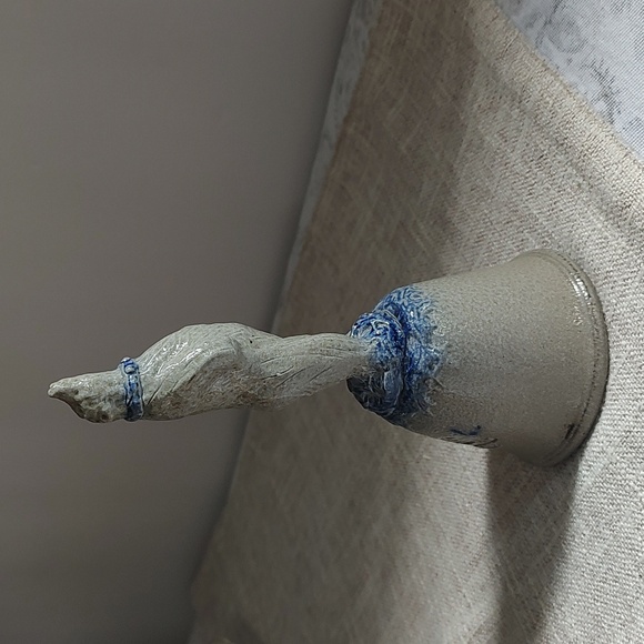 Rowe Pottery Works Blue And Gray Salt Glaze Christmas Bell With Bear 1992 RARE - Picture 3 of 11